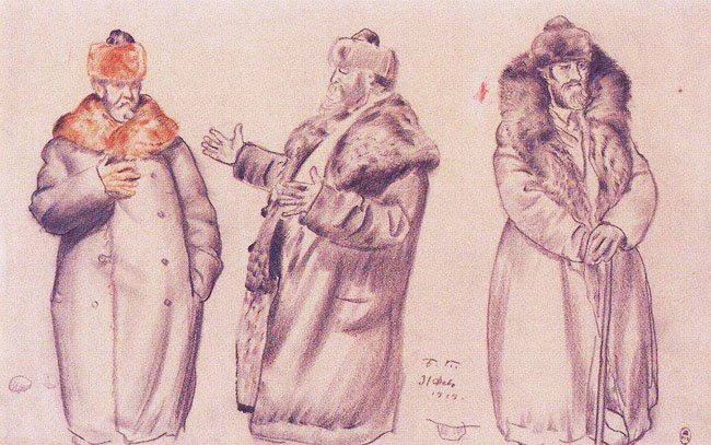 Б.М. Кустодиев. Наброски трех мужских фигур (В. А. Кастальского)